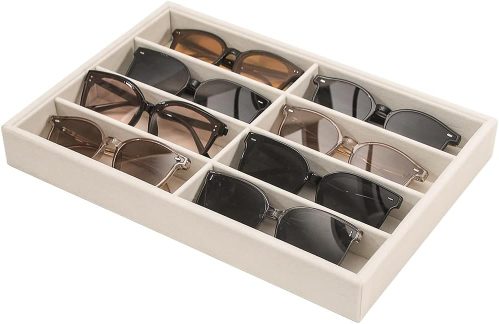 Coward Sunglass Organizer, Beige Velvet Glasses Trays – Eyeglasses Watches Jewelry Display – Men Women (8 Grids)