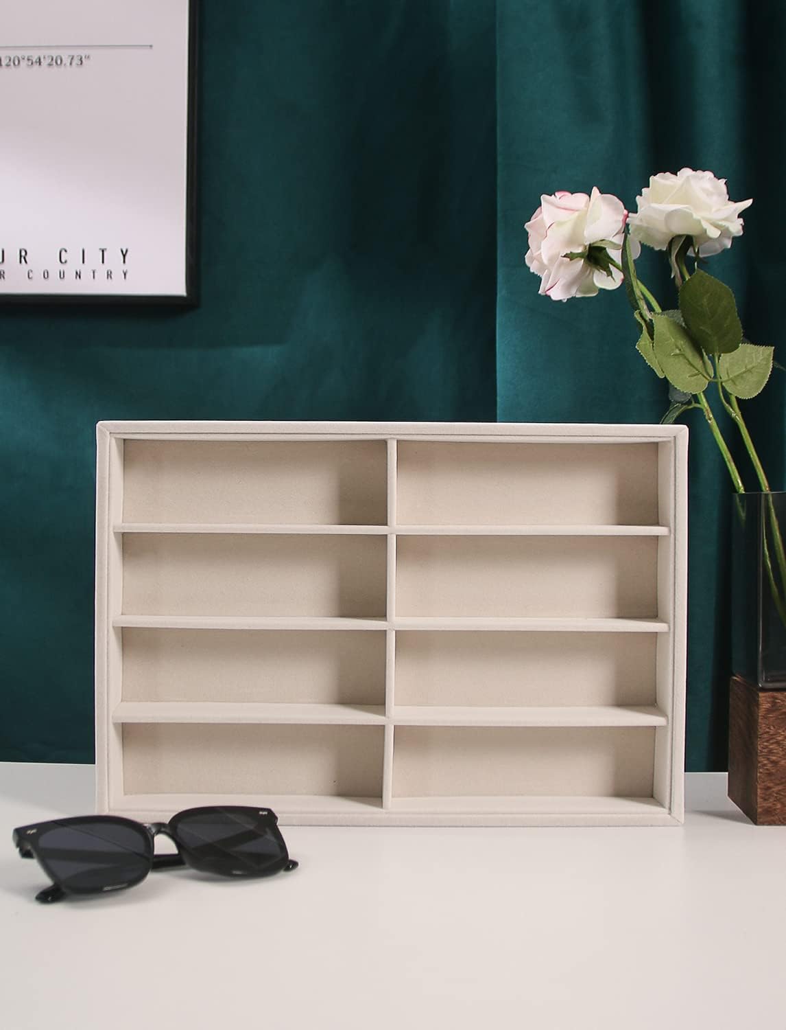 Coward Sunglass Organizer, Beige Velvet Glasses Trays - Eyeglasses Watches Jewelry Display - Men Women (8 Grids) - Image 4