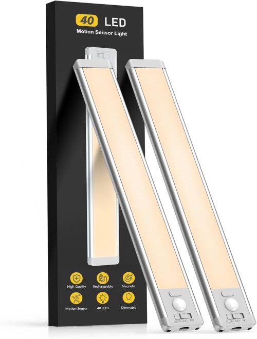 10inch Under Cabinet Lighting, 2 Pack Rechargeable Motion Sensor Light Indoor, 5 Levels Dimmable Magnetic Closet Lights, Wireless Under Counter Lights for Kitchen, Stairs