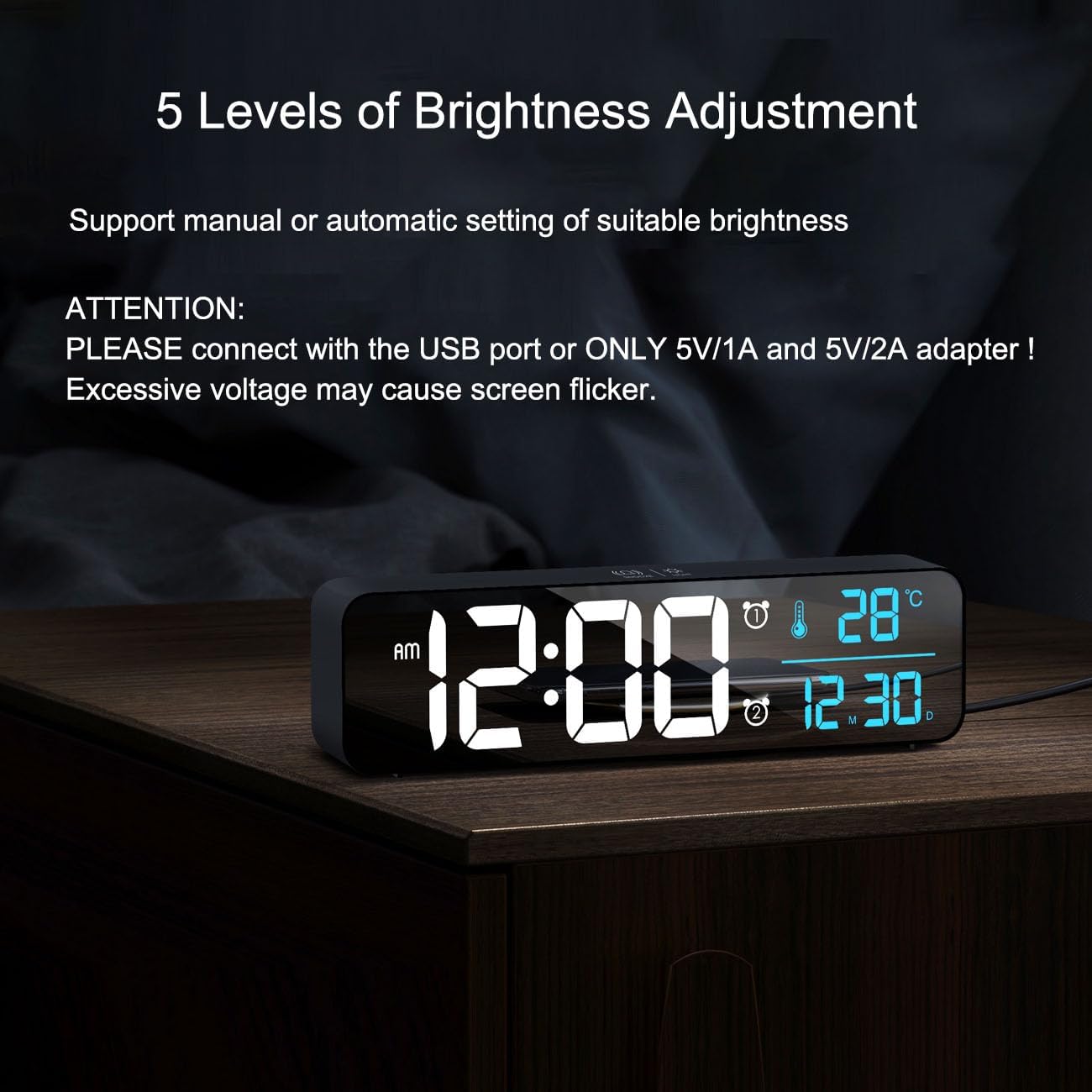 Abovsare Digital Clock for Bedroom, Clocks for Living Room Decor, Desk Table Clock, Alarm Clock Large Display with Date Week Temperature, Automatic Brightness Dimmer, Smart Cool Modern (Black Blue) - Image 4