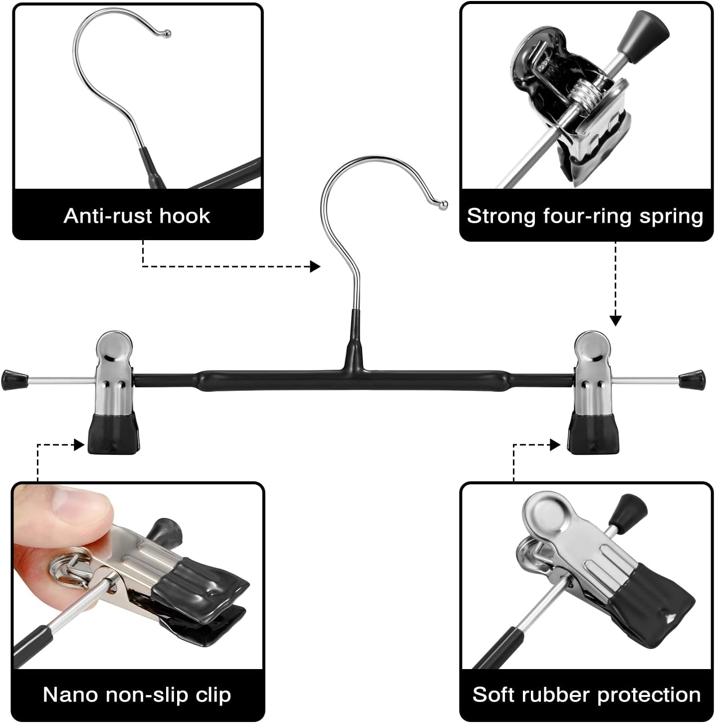 Thin Trouser Hangers, Non-Slip Pant Hangers with Adjustable Clips, Space Saving Hangers for Clothes, Skirt, Jeans, Coat (Black, 10) - Image 3