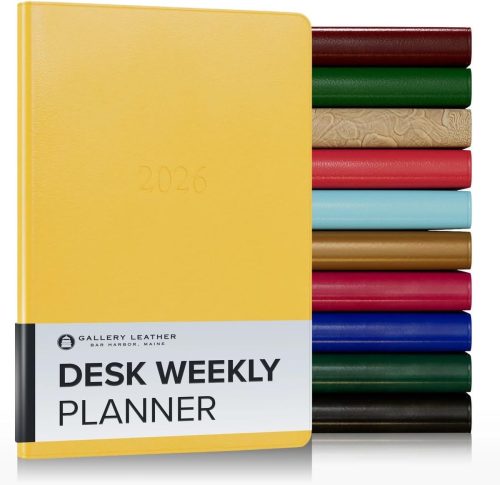 Gallery Leather Desk Weekly Monthly Planner 2025-2026, Elegantly Bound Calendar Planner and Notebook with Stylish Gold-Gilded Page Edges, 12 Months – Caribbean Yellow – 8 x 5.5 “