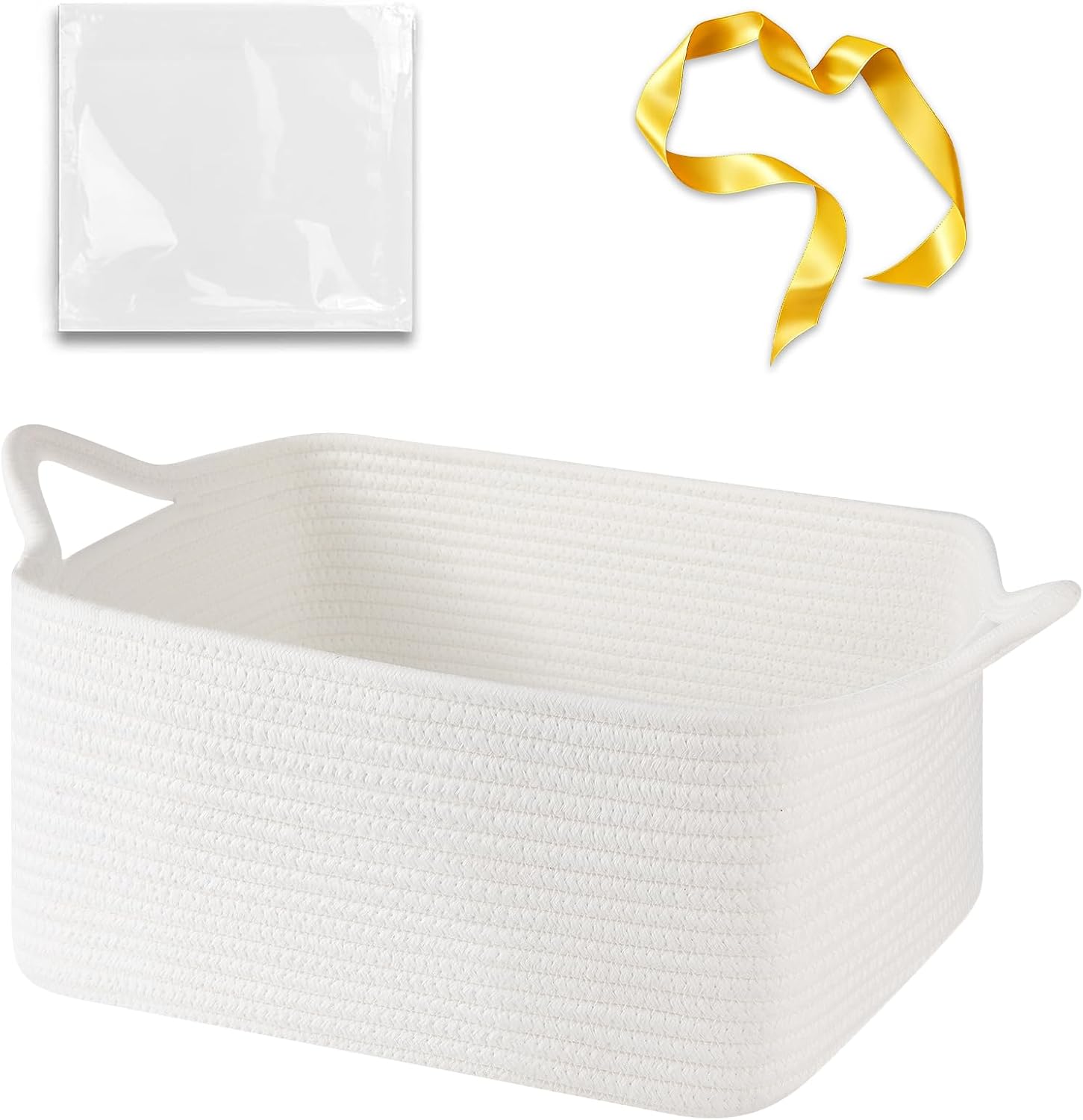 Empty Gift Baskets for Baby Shower, 15.4"L x 11.4"W x 6.7"H Cute Woven Storage Basket with Gift Bags and Ribbons, Small Rope Toy Basket with Handles, Cat Dog Pet Toy Organizer - Small White
