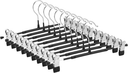Thin Trouser Hangers, Non-Slip Pant Hangers with Adjustable Clips, Space Saving Hangers for Clothes, Skirt, Jeans, Coat (Black, 10)