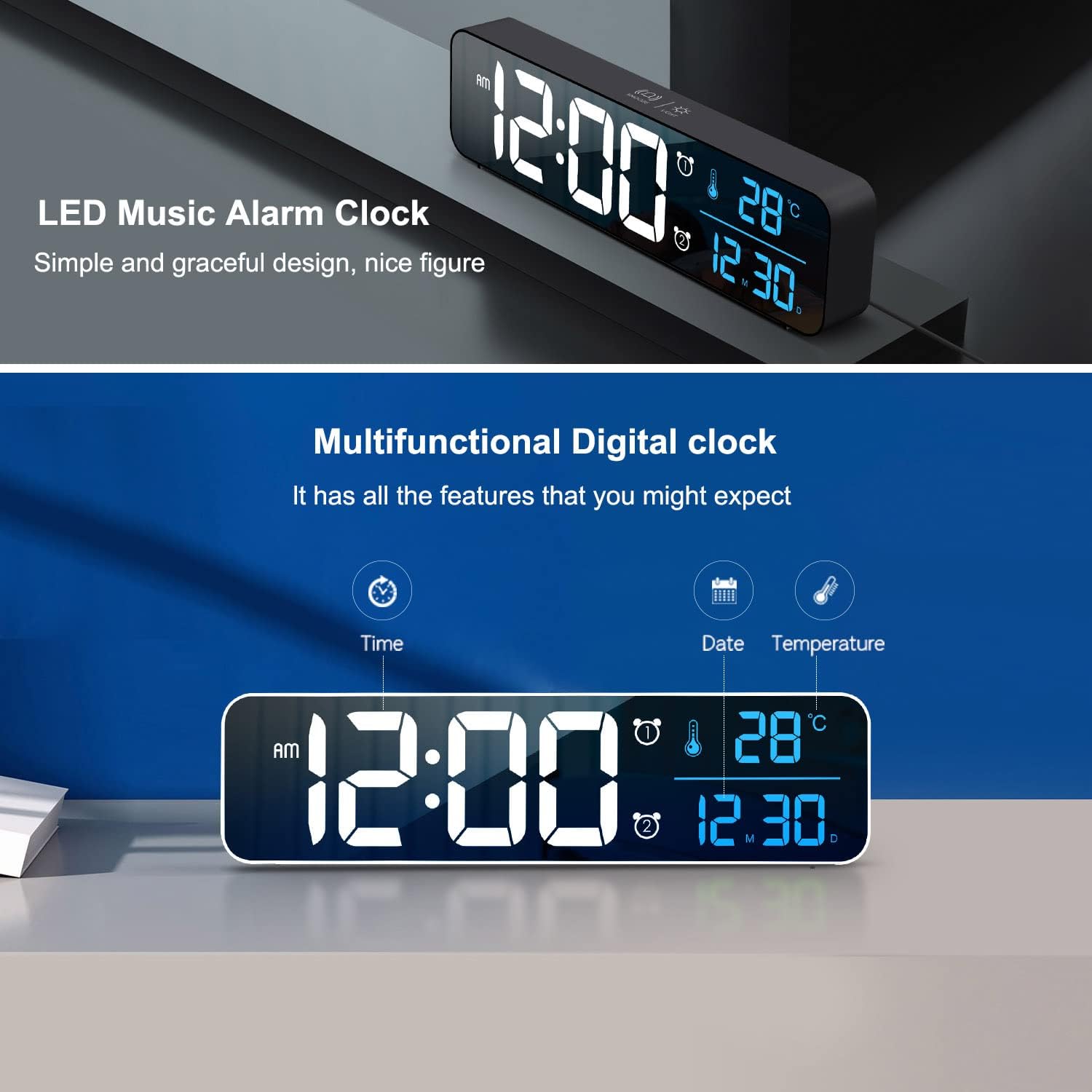 Abovsare Digital Clock for Bedroom, Clocks for Living Room Decor, Desk Table Clock, Alarm Clock Large Display with Date Week Temperature, Automatic Brightness Dimmer, Smart Cool Modern (Black Blue) - Image 2