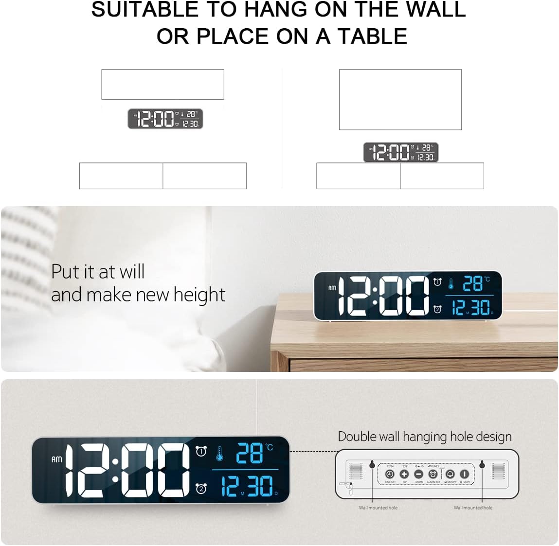 Abovsare Digital Clock for Bedroom, Clocks for Living Room Decor, Desk Table Clock, Alarm Clock Large Display with Date Week Temperature, Automatic Brightness Dimmer, Smart Cool Modern (Black Blue) - Image 5