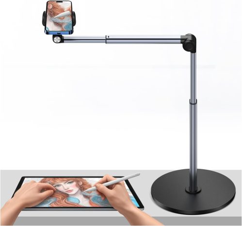 yAyusi Heavy Duty Aluminum Overhead Tripod for iPhone, 12 in Long Phone Mount for Desk, Flexible Articulating Arm Overhead Phone Mount for Live Streaming, Meeting, Cooking (Clip)