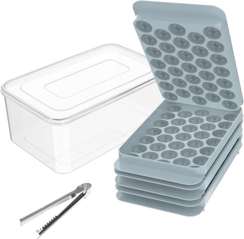 Lamesa Round Ice Cube Trays for Freezer with Cover & Bin, 3 Packs 1In Small Circle Ice Ball Maker Mold, BPA Free Ice Tray for Cocktail & Whiskey (3 Sphere Trays & 1 Container & Ice Tongs) (Blue)