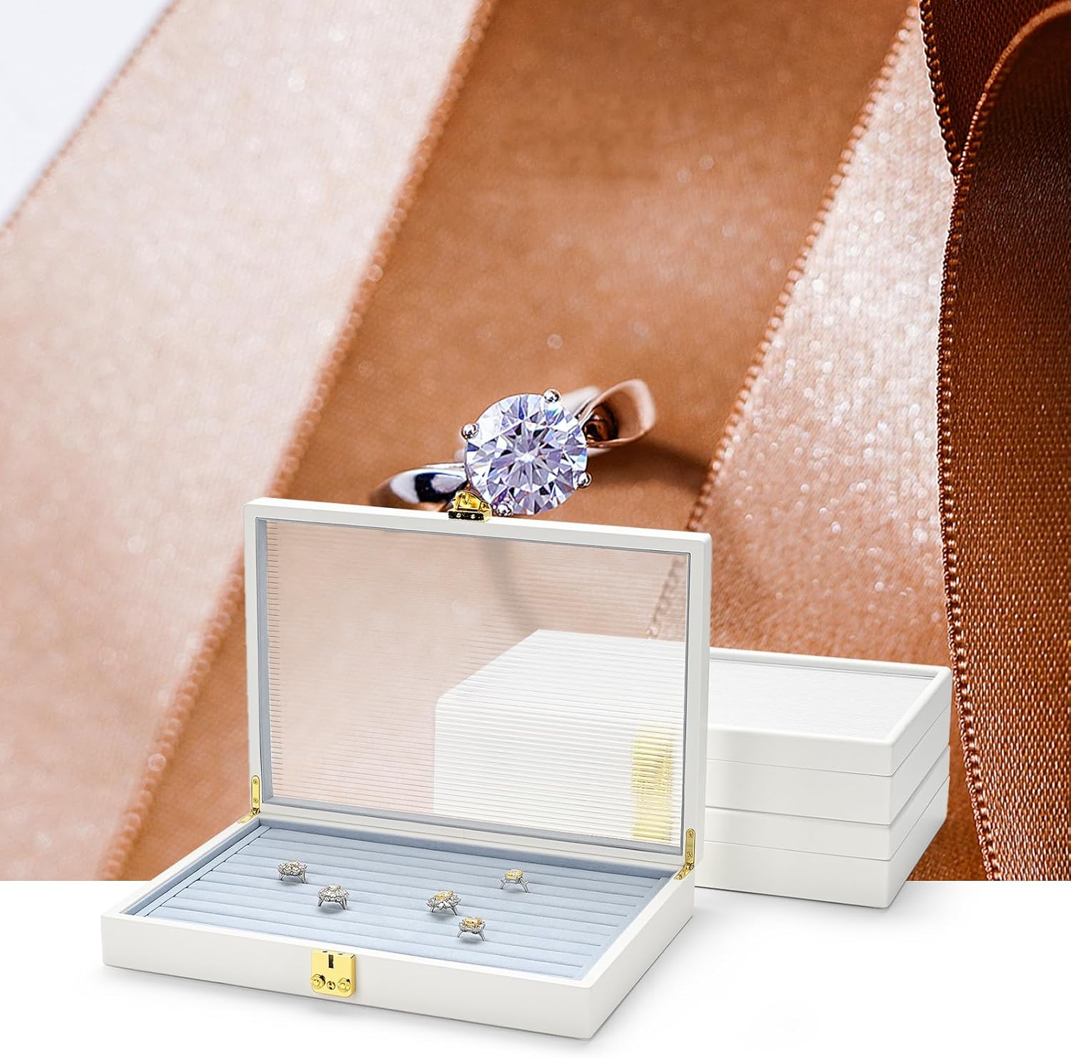 Oirlv White 12 Gird Luxury Leather Jewelry Organizer Tray with Clear Lid Lockable Jewelry Box Bangle Holder Box for Women (Blue Interior) 12 Grid - Image 2