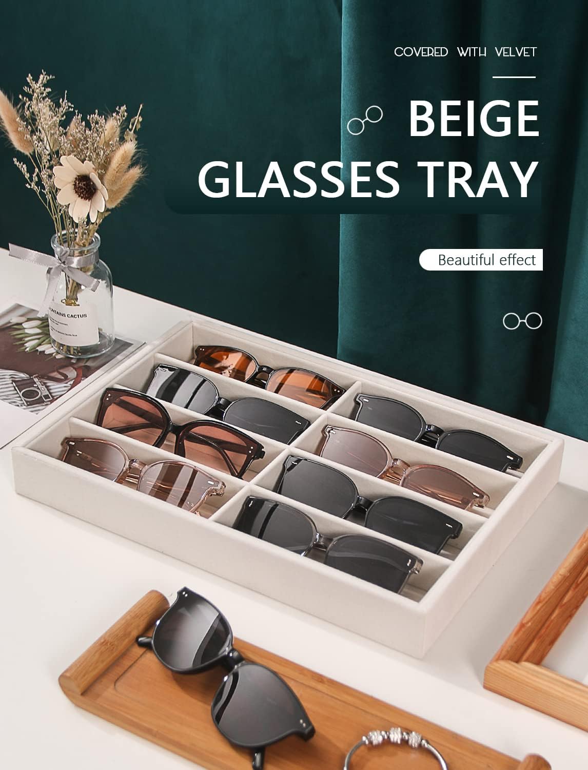 Coward Sunglass Organizer, Beige Velvet Glasses Trays - Eyeglasses Watches Jewelry Display - Men Women (8 Grids) - Image 5