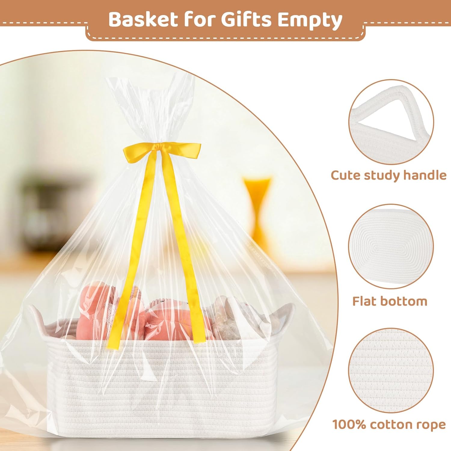 Empty Gift Baskets for Baby Shower, 15.4"L x 11.4"W x 6.7"H Cute Woven Storage Basket with Gift Bags and Ribbons, Small Rope Toy Basket with Handles, Cat Dog Pet Toy Organizer - Small White - Image 3