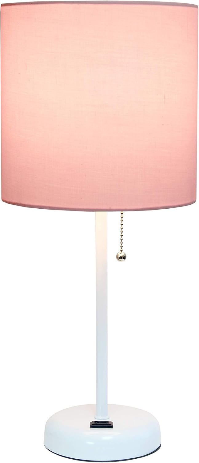 Simple Designs LT2024-POW White Stick Table Desk Lamp with Charging Outlet and Drum Fabric Shade, Light Pink - Image 2