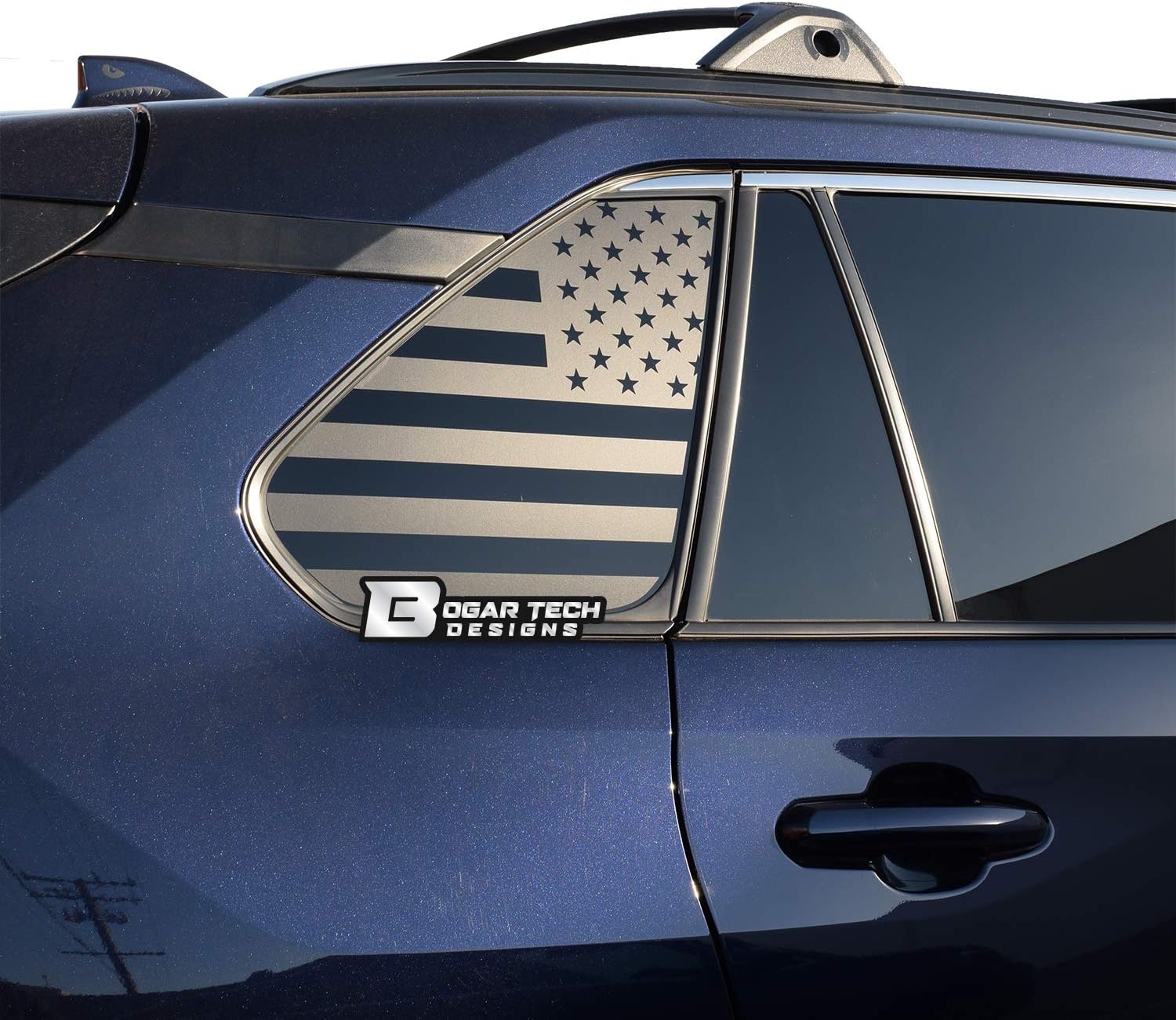 Bogar Tech Designs - Precut American Flag Rear Side Quarter Window Decals Compatible with Toyota Rav4 2019-2025, Matte Black