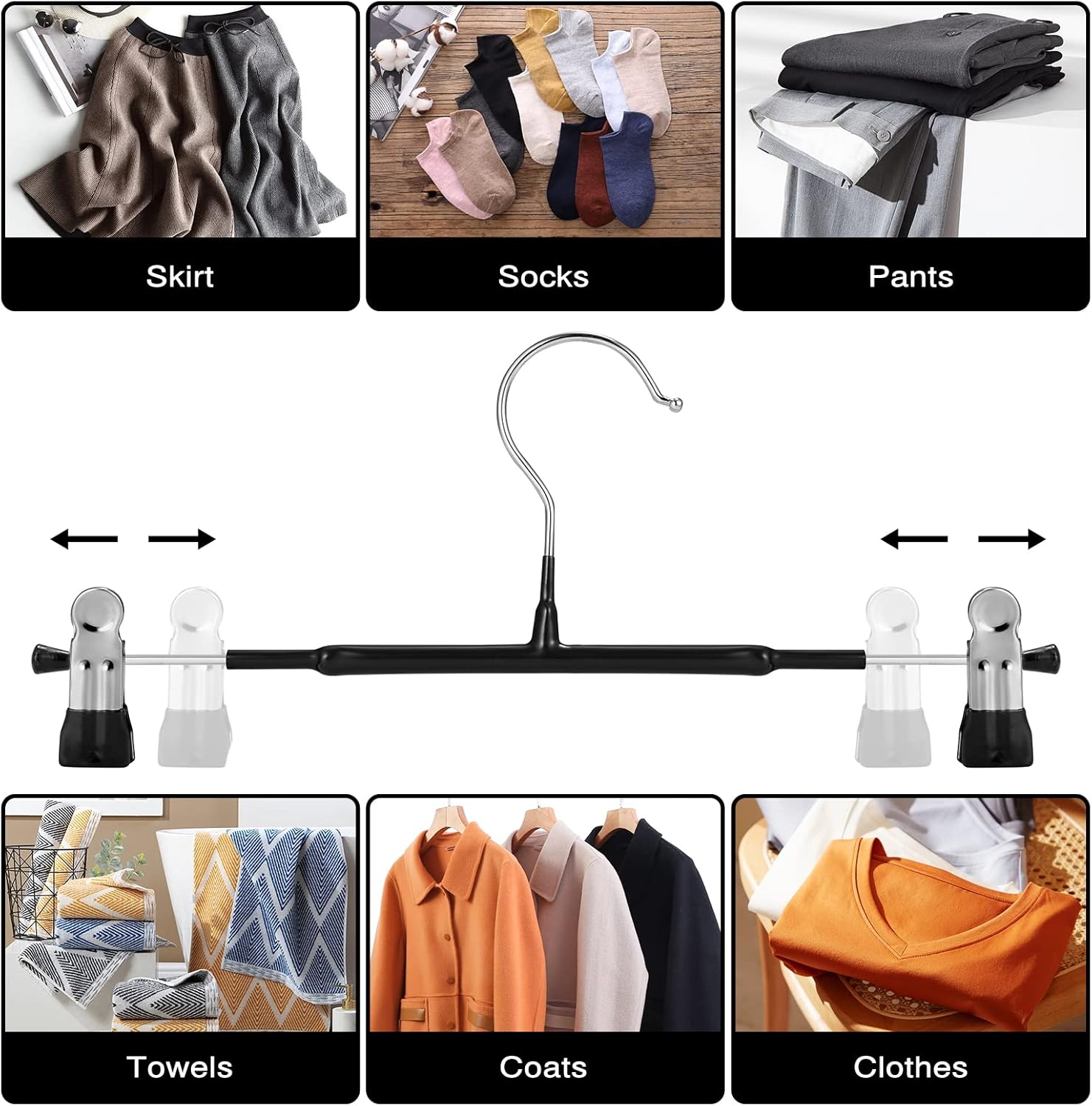Thin Trouser Hangers, Non-Slip Pant Hangers with Adjustable Clips, Space Saving Hangers for Clothes, Skirt, Jeans, Coat (Black, 10) - Image 2