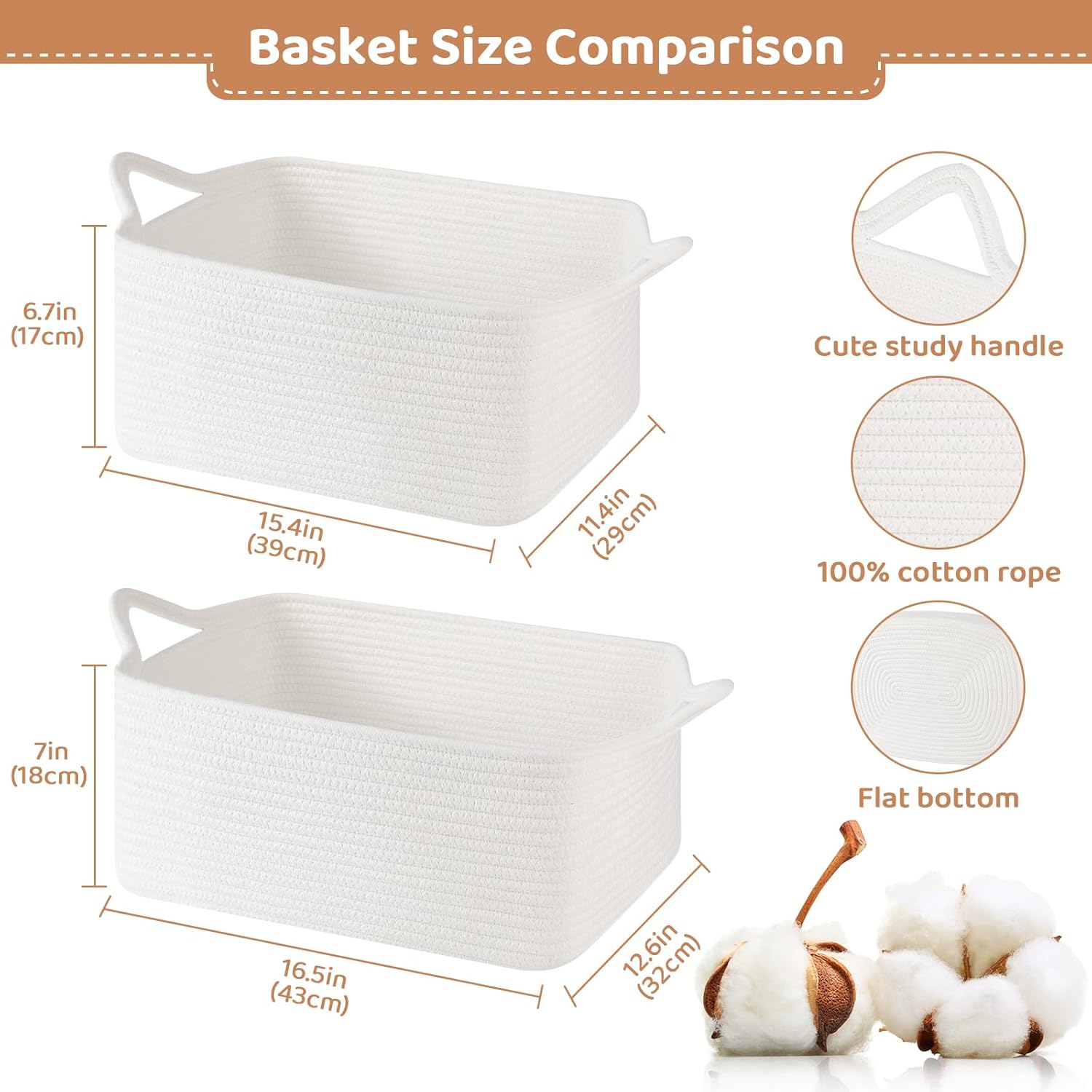 Empty Gift Baskets for Baby Shower, 15.4"L x 11.4"W x 6.7"H Cute Woven Storage Basket with Gift Bags and Ribbons, Small Rope Toy Basket with Handles, Cat Dog Pet Toy Organizer - Small White - Image 7