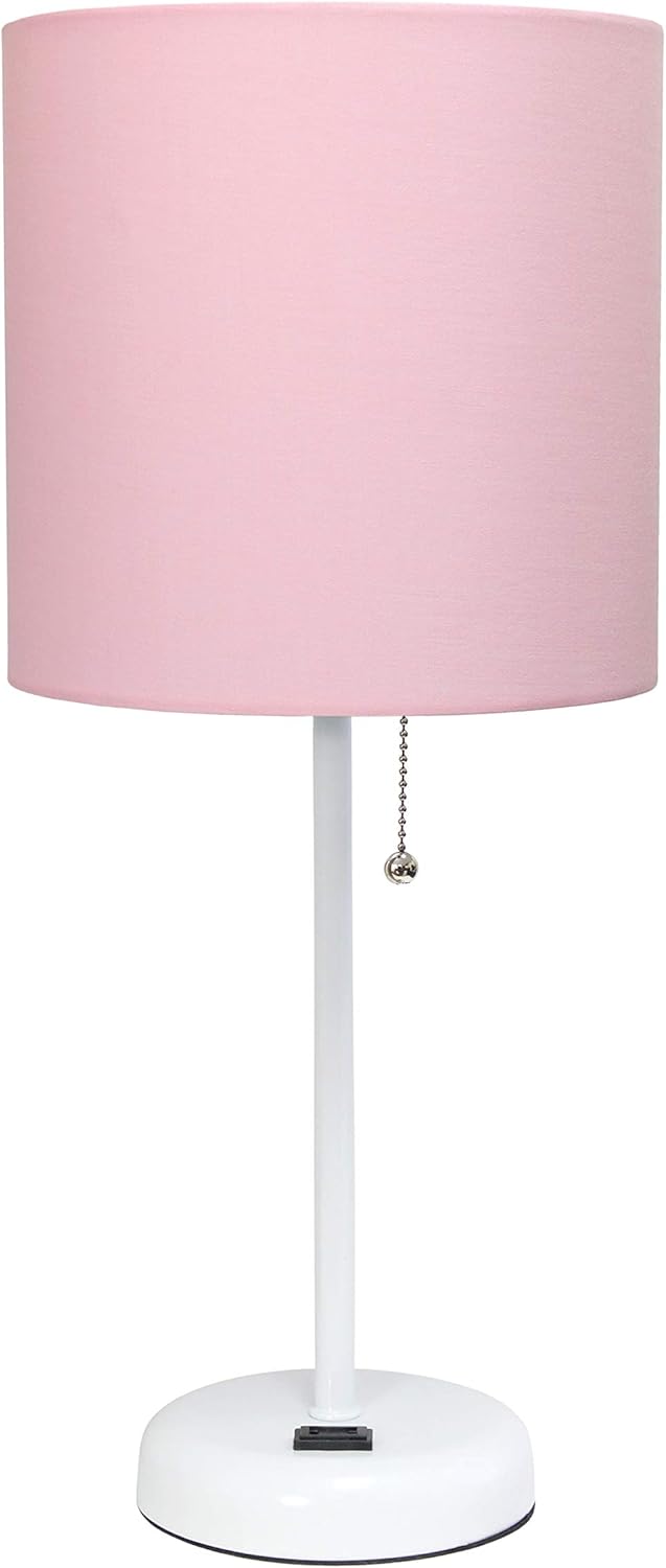 Simple Designs LT2024-POW White Stick Table Desk Lamp with Charging Outlet and Drum Fabric Shade, Light Pink