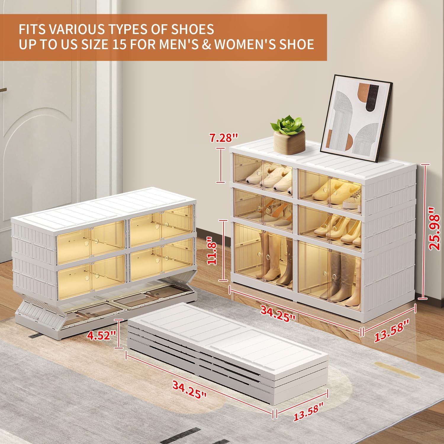 3-Tier Foldable Shoe Rack Organizer for Closet 12Pairs Plastic Shoe Shelf Collapsible Shoes Storage Box Clear Shoe Boxes Stackable with Door Easy Assembly Shoe Cabinet with Lids Large - Image 2