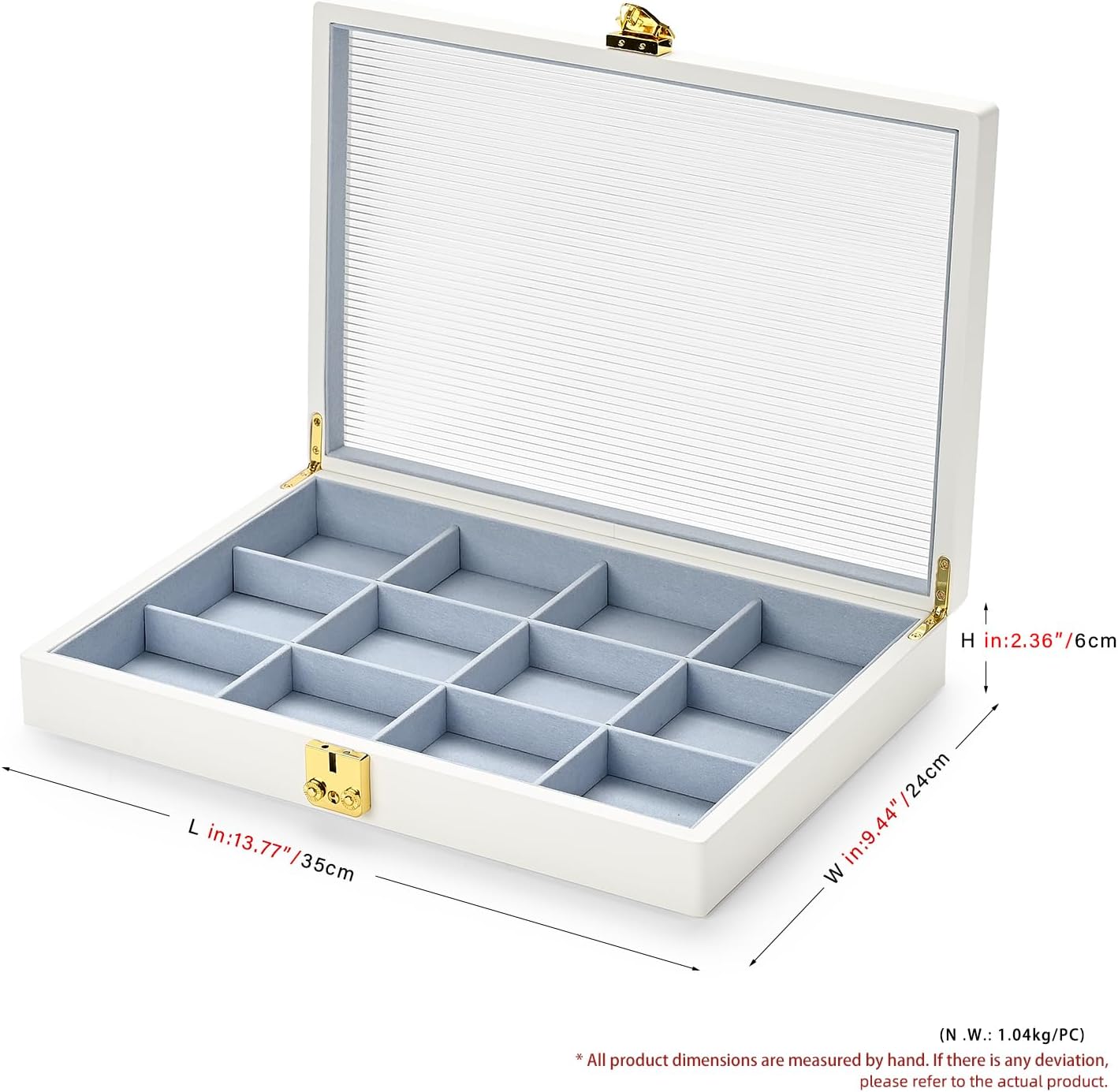 Oirlv White 12 Gird Luxury Leather Jewelry Organizer Tray with Clear Lid Lockable Jewelry Box Bangle Holder Box for Women (Blue Interior) 12 Grid - Image 8
