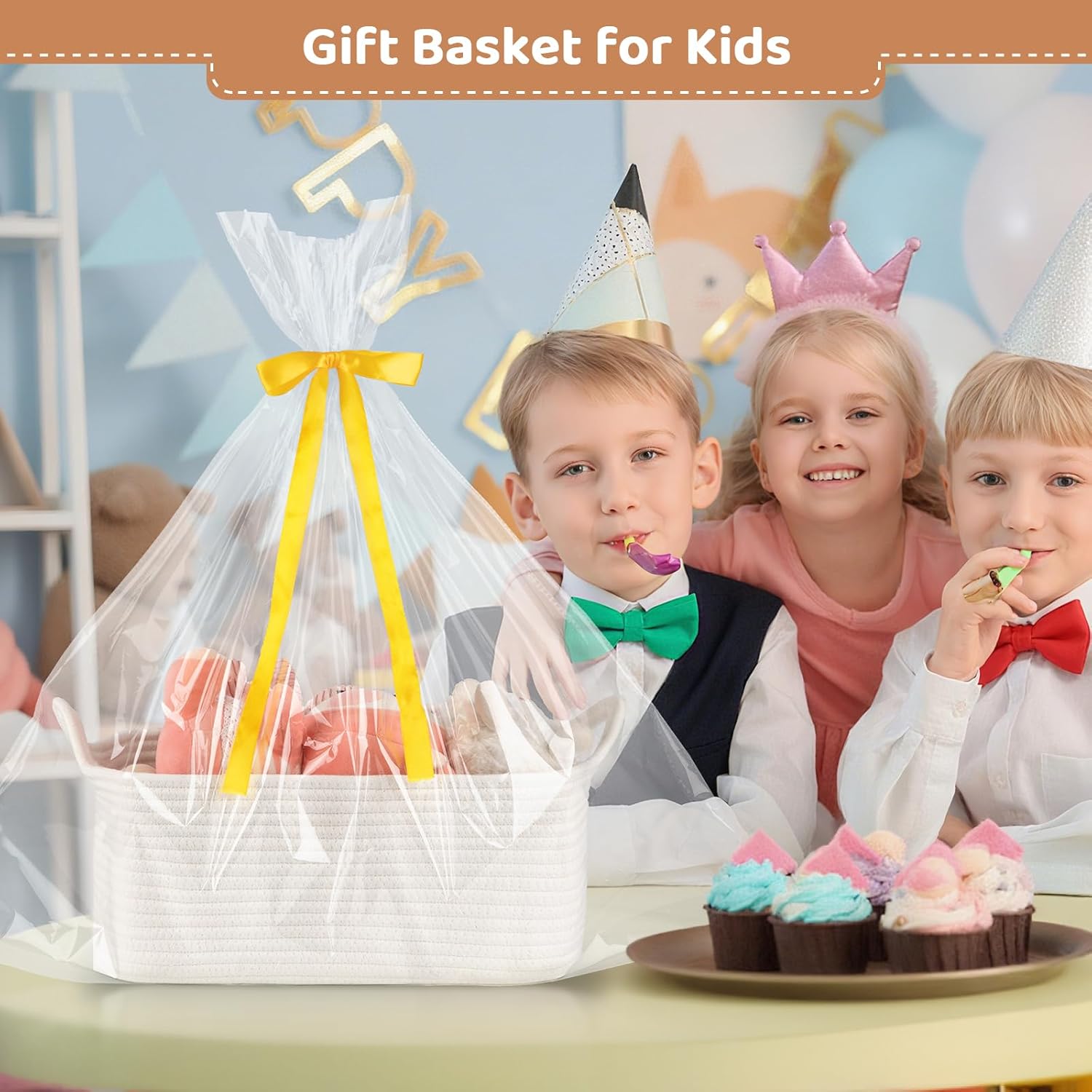 Empty Gift Baskets for Baby Shower, 15.4"L x 11.4"W x 6.7"H Cute Woven Storage Basket with Gift Bags and Ribbons, Small Rope Toy Basket with Handles, Cat Dog Pet Toy Organizer - Small White - Image 5