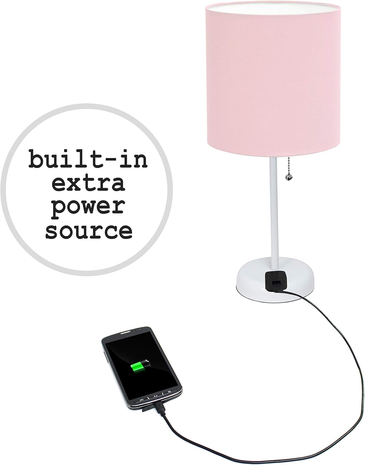 Simple Designs LT2024-POW White Stick Table Desk Lamp with Charging Outlet and Drum Fabric Shade, Light Pink - Image 7