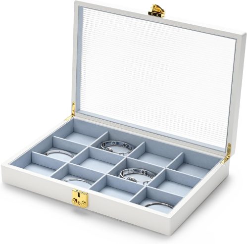 Oirlv White 12 Gird Luxury Leather Jewelry Organizer Tray with Clear Lid Lockable Jewelry Box Bangle Holder Box for Women (Blue Interior) 12 Grid