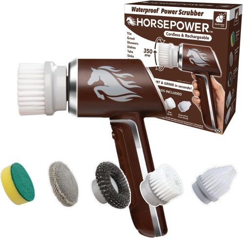 Horsepower Electric Power Scrubber, Waterproof, Spins 350 RPM, 5 Brush Heads, AS-SEEN-ON-TV, Cleans Dirt & Grime, Tile, Grout, Bathrooms, Kitchen, Auto Rims, Outdoor Furniture & More, Rechargeable