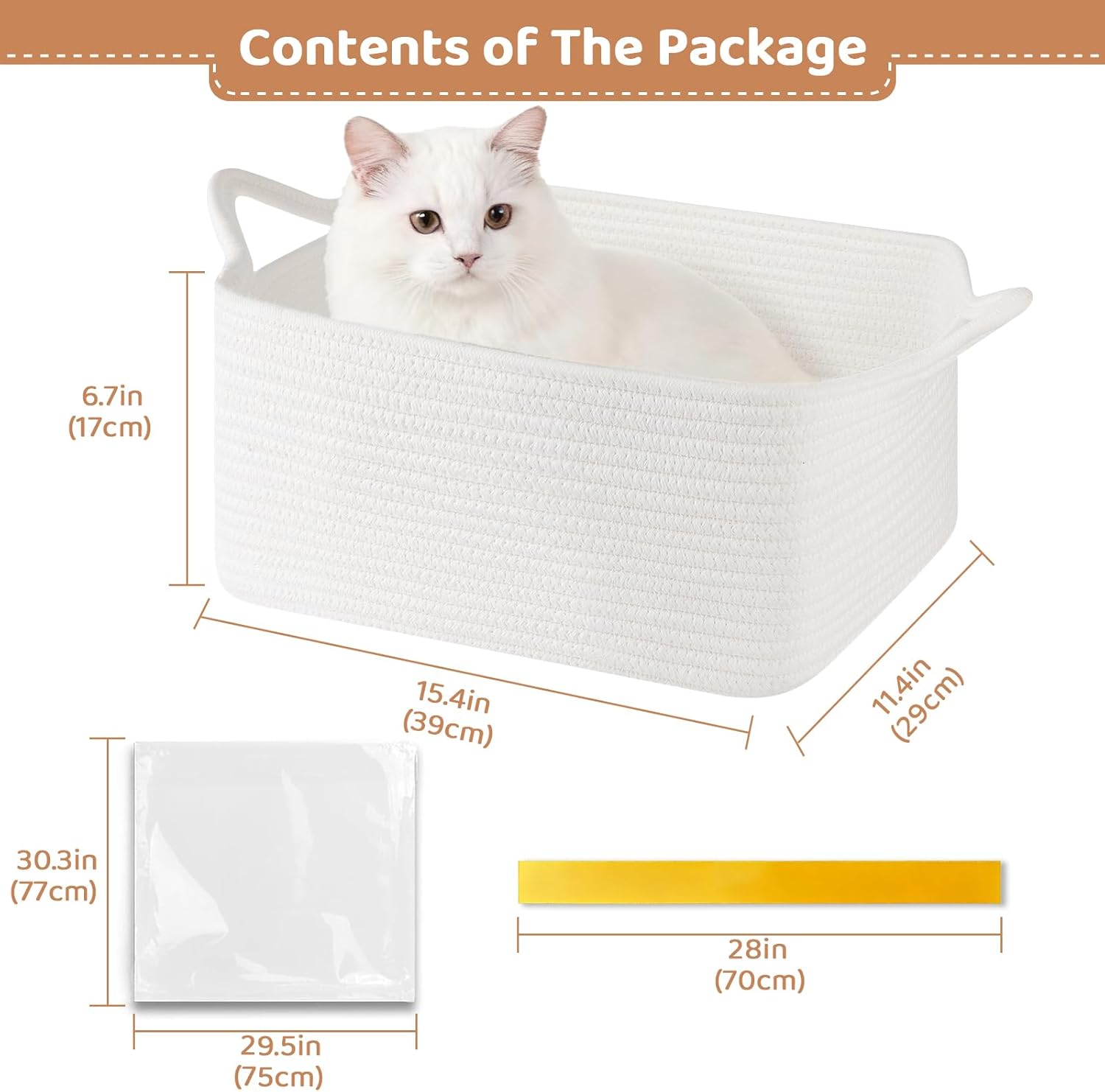 Empty Gift Baskets for Baby Shower, 15.4"L x 11.4"W x 6.7"H Cute Woven Storage Basket with Gift Bags and Ribbons, Small Rope Toy Basket with Handles, Cat Dog Pet Toy Organizer - Small White - Image 2