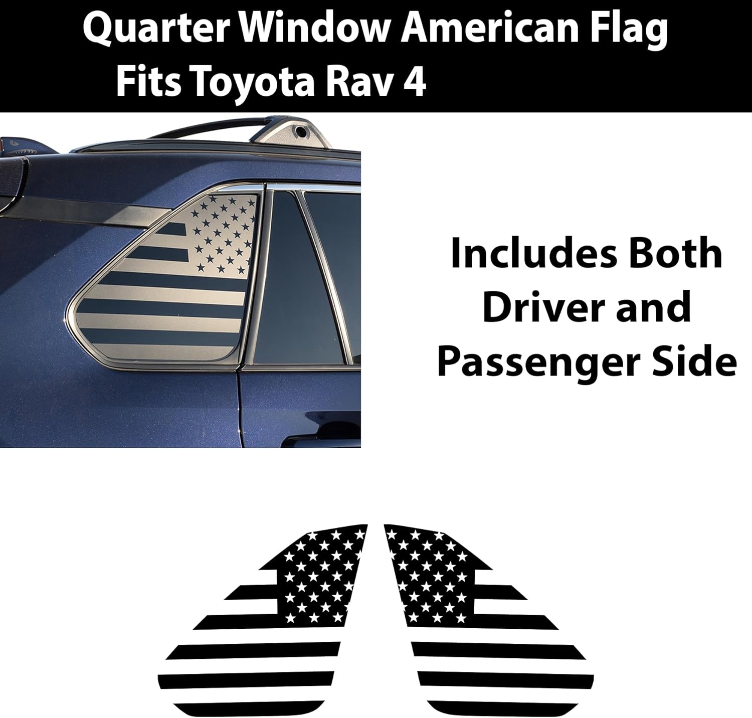 Bogar Tech Designs - Precut American Flag Rear Side Quarter Window Decals Compatible with Toyota Rav4 2019-2025, Matte Black - Image 3