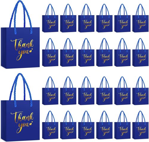 Honoson 30 Pcs Mini Gift Bag with Handle 4 x 2.75 x 4.5” Small Thank You Bag Foil Paper Tote for Christmas Wedding Baby Shower Birthday Graduation Party Favor Supplies(Dark Blue/Gold)