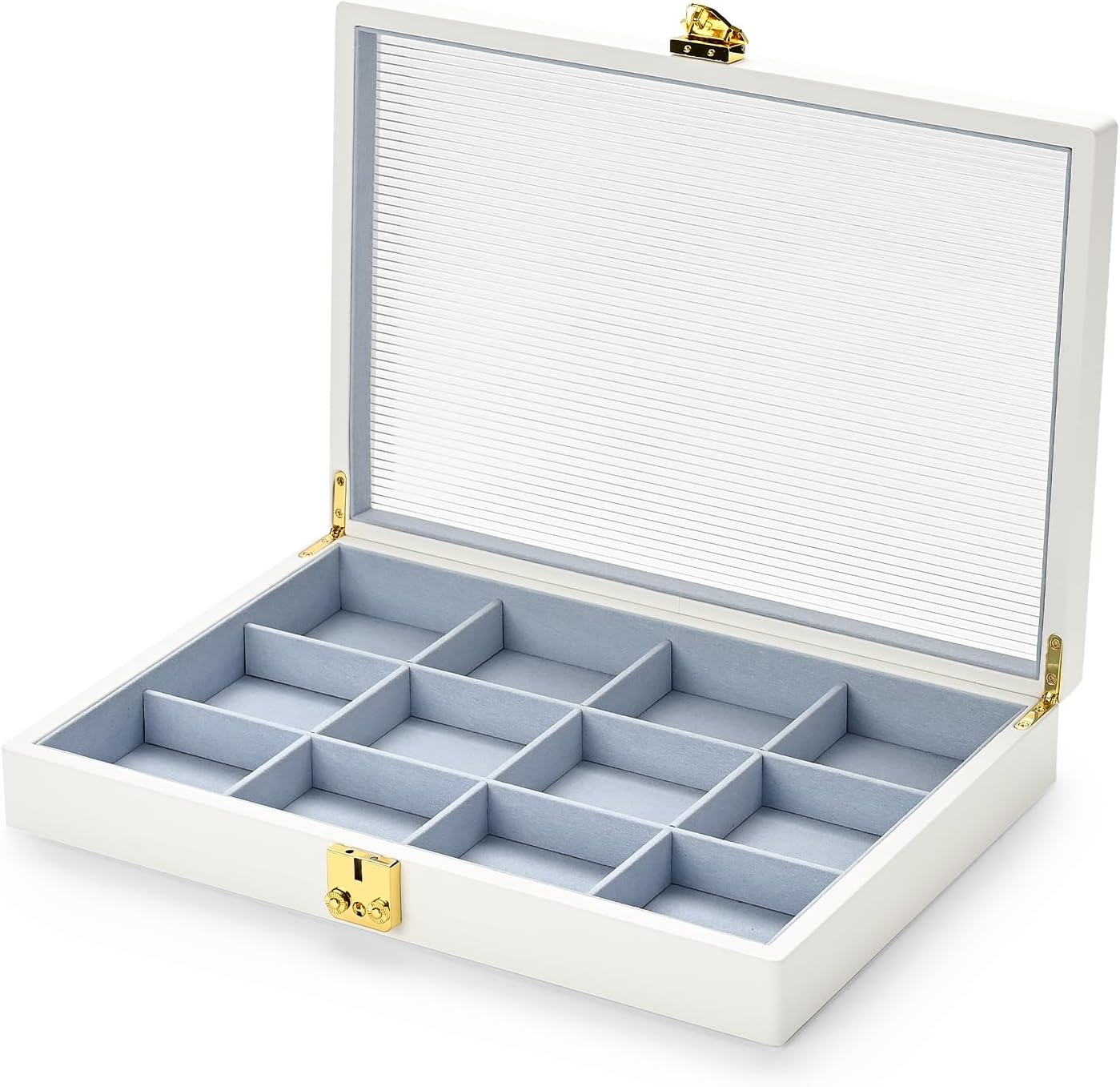 Oirlv White 12 Gird Luxury Leather Jewelry Organizer Tray with Clear Lid Lockable Jewelry Box Bangle Holder Box for Women (Blue Interior) 12 Grid - Image 9