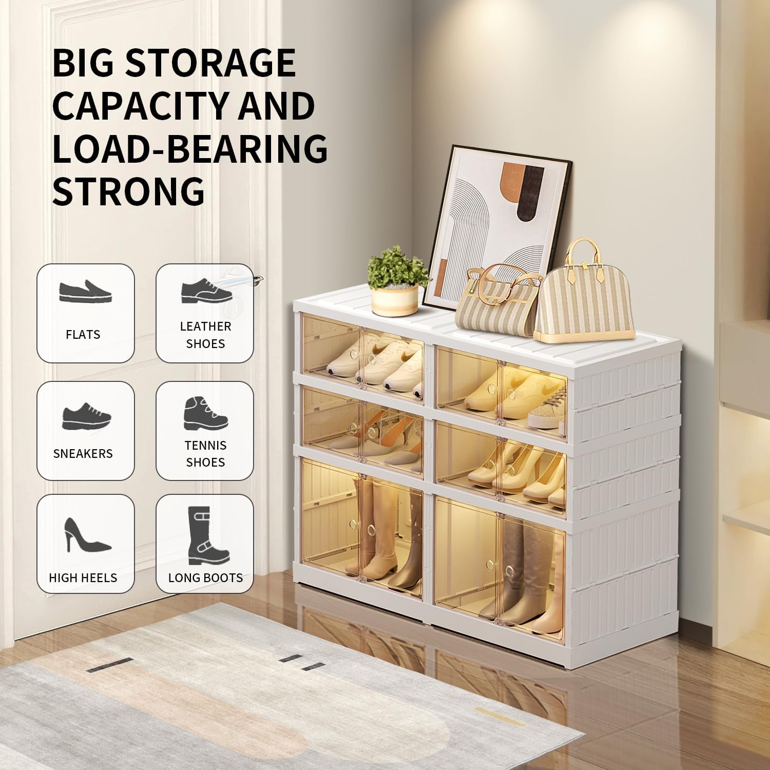 3-Tier Foldable Shoe Rack Organizer for Closet 12Pairs Plastic Shoe Shelf Collapsible Shoes Storage Box Clear Shoe Boxes Stackable with Door Easy Assembly Shoe Cabinet with Lids Large - Image 4