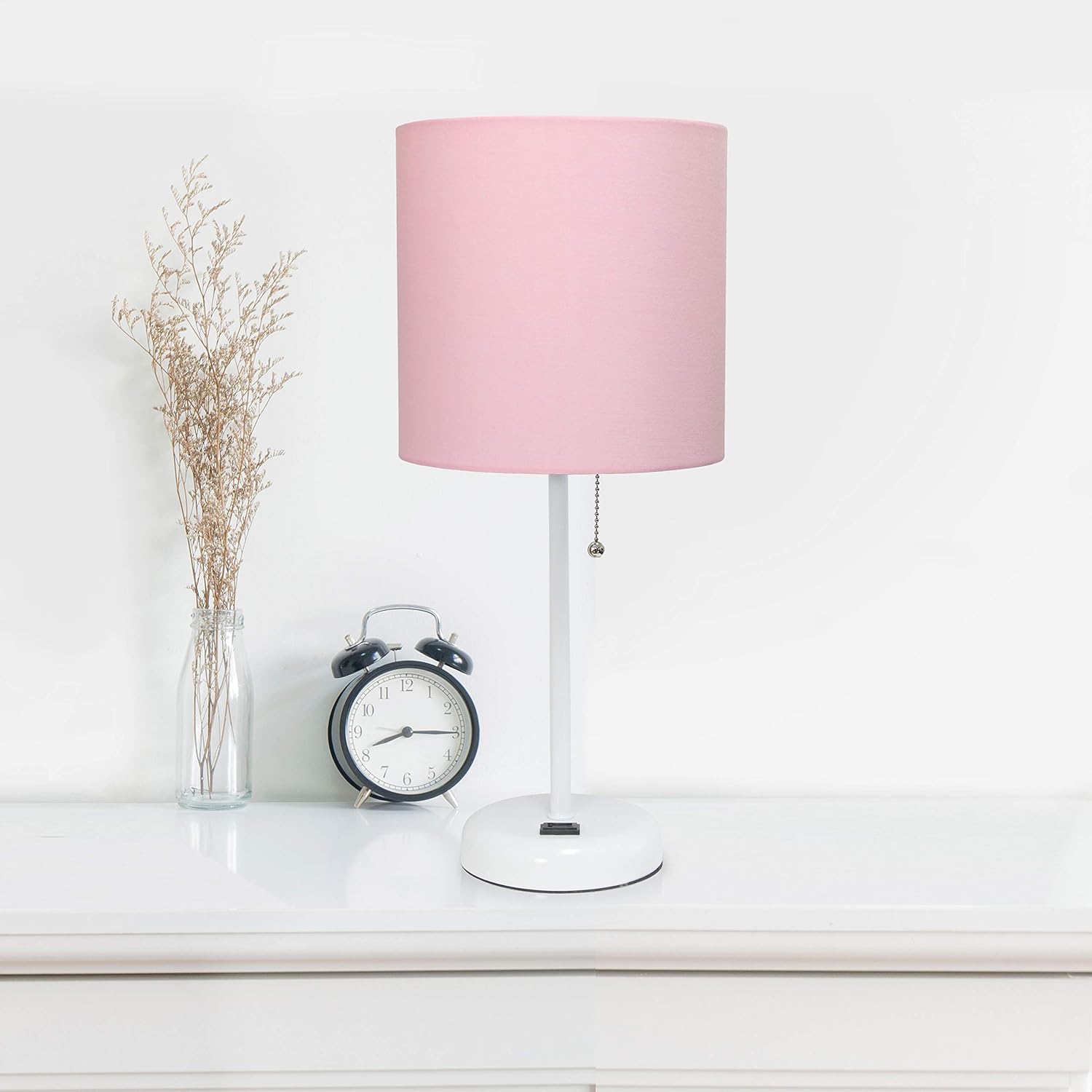 Simple Designs LT2024-POW White Stick Table Desk Lamp with Charging Outlet and Drum Fabric Shade, Light Pink - Image 8