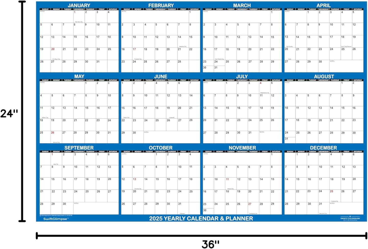 24" x 36" SwiftGlimpse 2025 Wall Calendar Erasable Large Wet & Dry Erase Laminated 12 Month Annual Yearly Wall Planner, Reversible, Horizontal/Vertical, Navy - Image 8