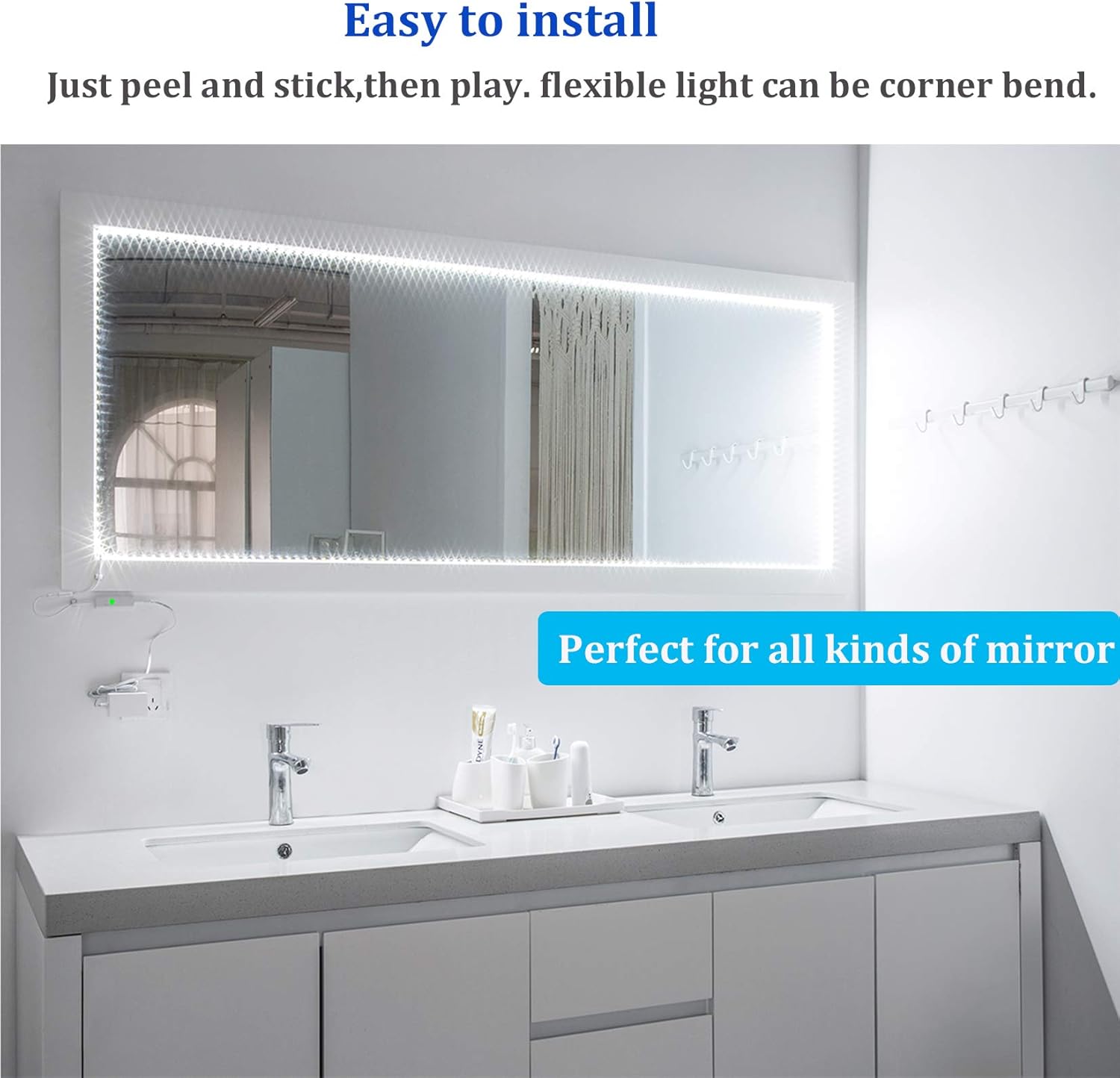 WOBANE White LED Strip Lights, Dimmable LED Light Strip Kit, 16.4ft Flexible Tape Lights for Bedroom,Kitchen,Under Cabinet,Bright 6500K Daylight, LED Mirror Lighting for Vanity Makeup Dressing Table - Image 4
