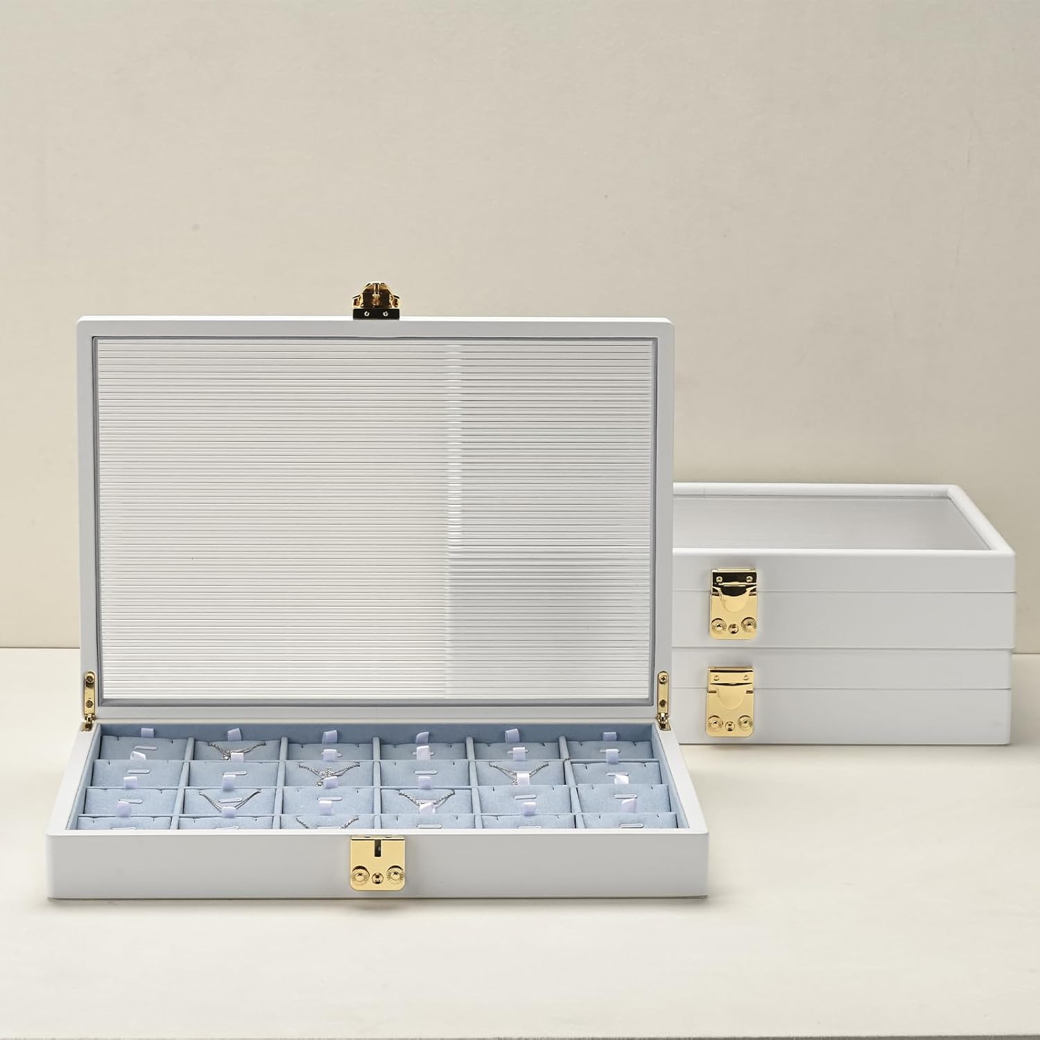 Oirlv White 12 Gird Luxury Leather Jewelry Organizer Tray with Clear Lid Lockable Jewelry Box Bangle Holder Box for Women (Blue Interior) 12 Grid - Image 3