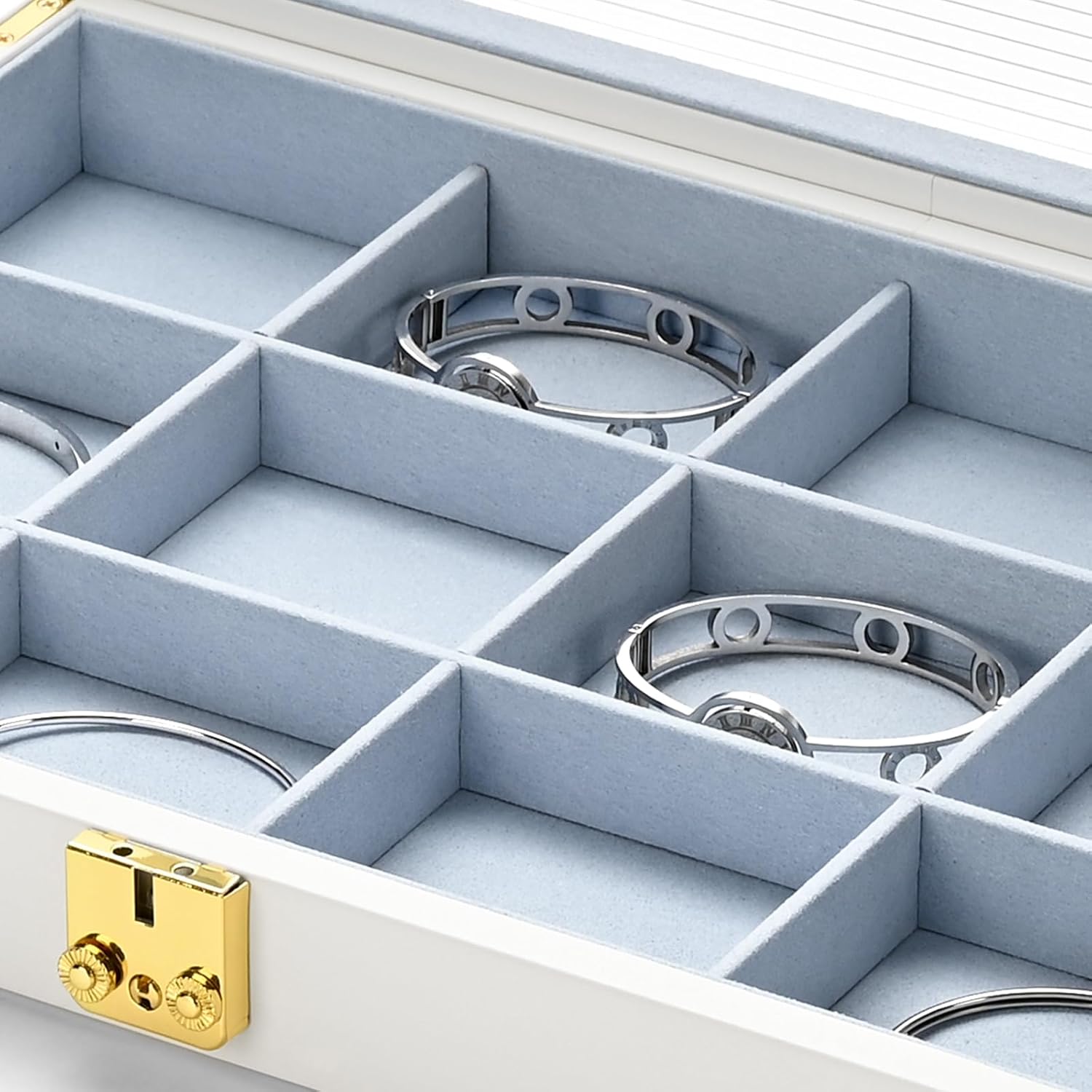 Oirlv White 12 Gird Luxury Leather Jewelry Organizer Tray with Clear Lid Lockable Jewelry Box Bangle Holder Box for Women (Blue Interior) 12 Grid - Image 7