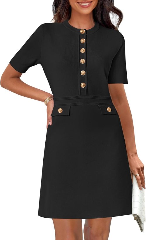MEROKEETY Women’s Knit Bodycon Sweater Dress Button Short Sleeve Crew Neck Elegant Formal Mini Dress