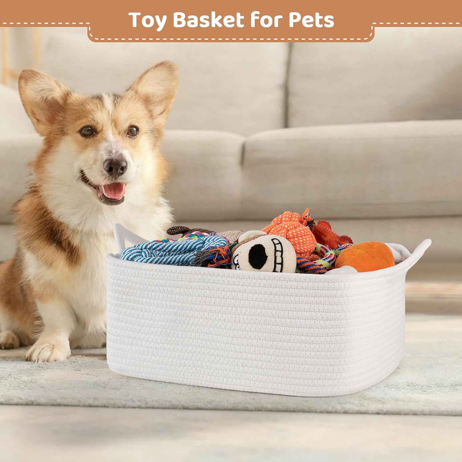 Empty Gift Baskets for Baby Shower, 15.4"L x 11.4"W x 6.7"H Cute Woven Storage Basket with Gift Bags and Ribbons, Small Rope Toy Basket with Handles, Cat Dog Pet Toy Organizer - Small White - Image 4