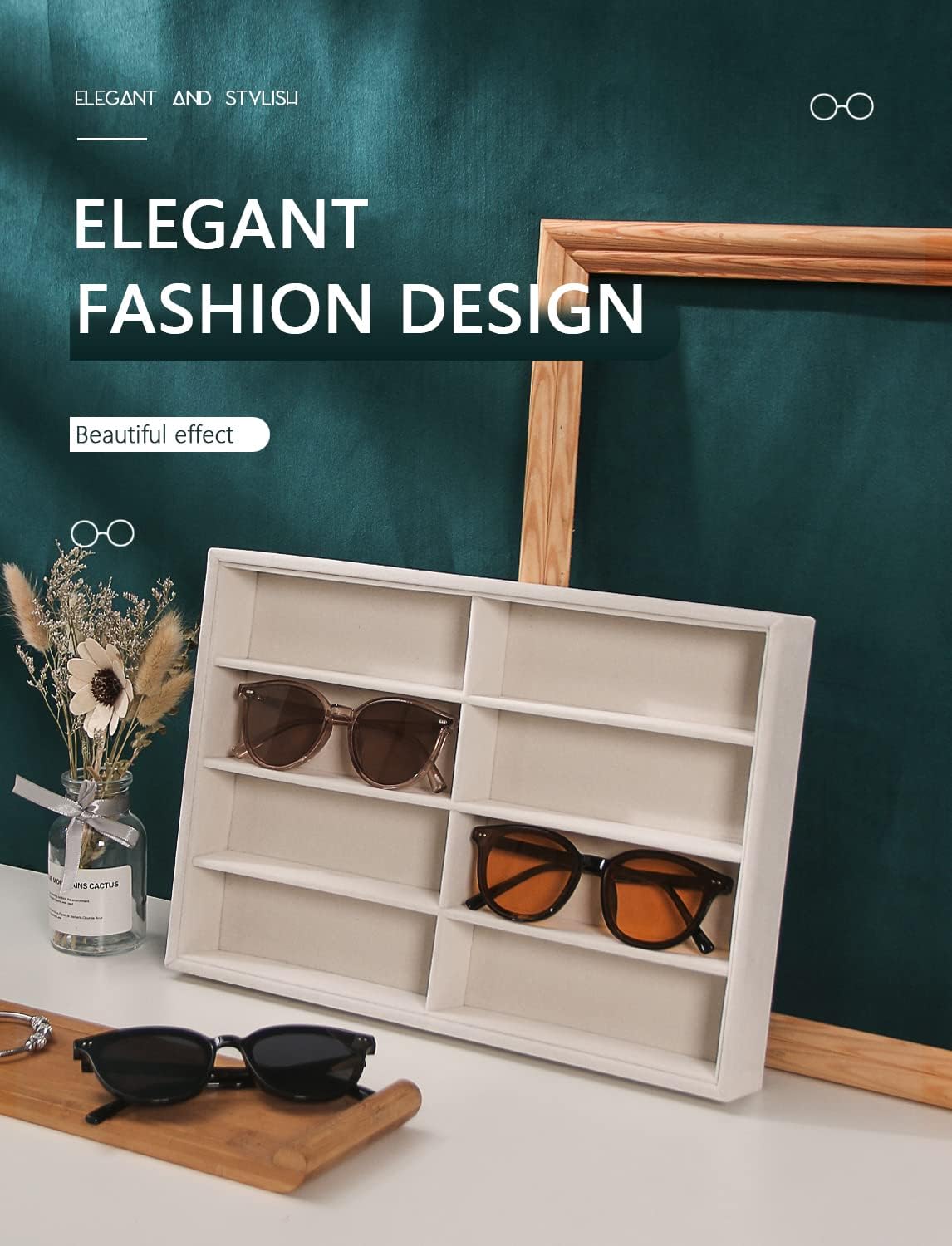 Coward Sunglass Organizer, Beige Velvet Glasses Trays - Eyeglasses Watches Jewelry Display - Men Women (8 Grids) - Image 6