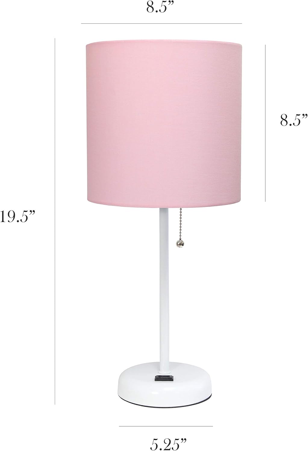Simple Designs LT2024-POW White Stick Table Desk Lamp with Charging Outlet and Drum Fabric Shade, Light Pink - Image 3