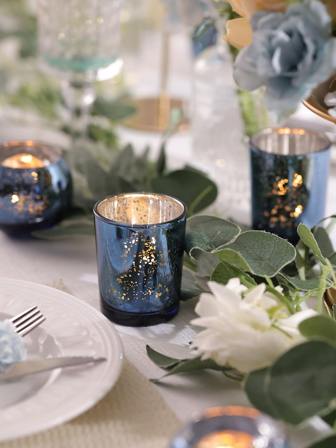 DEVI 12PCS Assorted Blue Votive Candle Holders, Mercury Tealight Candle Holder Glass, Wedding Table Decorations for Home Party, Navy Blue Birthday Graduation Rehearsal Party Dinner Decorations - Image 2