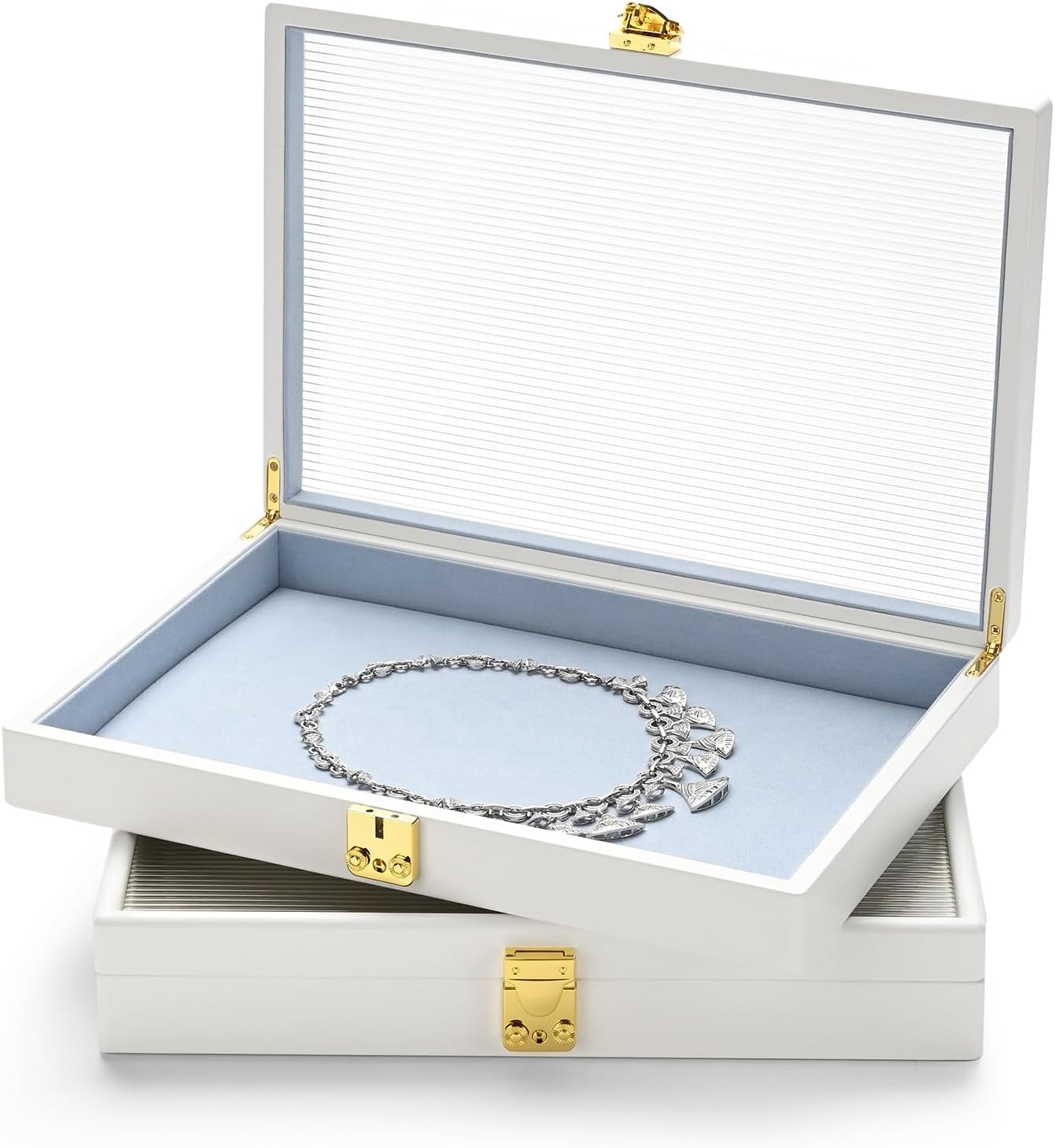 Oirlv White 12 Gird Luxury Leather Jewelry Organizer Tray with Clear Lid Lockable Jewelry Box Bangle Holder Box for Women (Blue Interior) 12 Grid - Image 4
