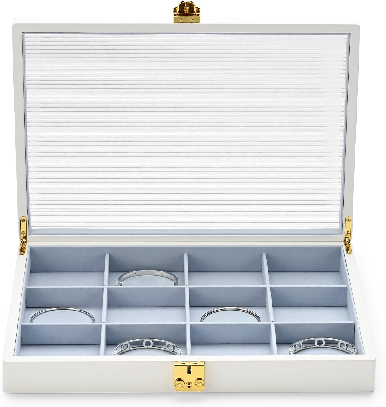 Oirlv White 12 Gird Luxury Leather Jewelry Organizer Tray with Clear Lid Lockable Jewelry Box Bangle Holder Box for Women (Blue Interior) 12 Grid - Image 6
