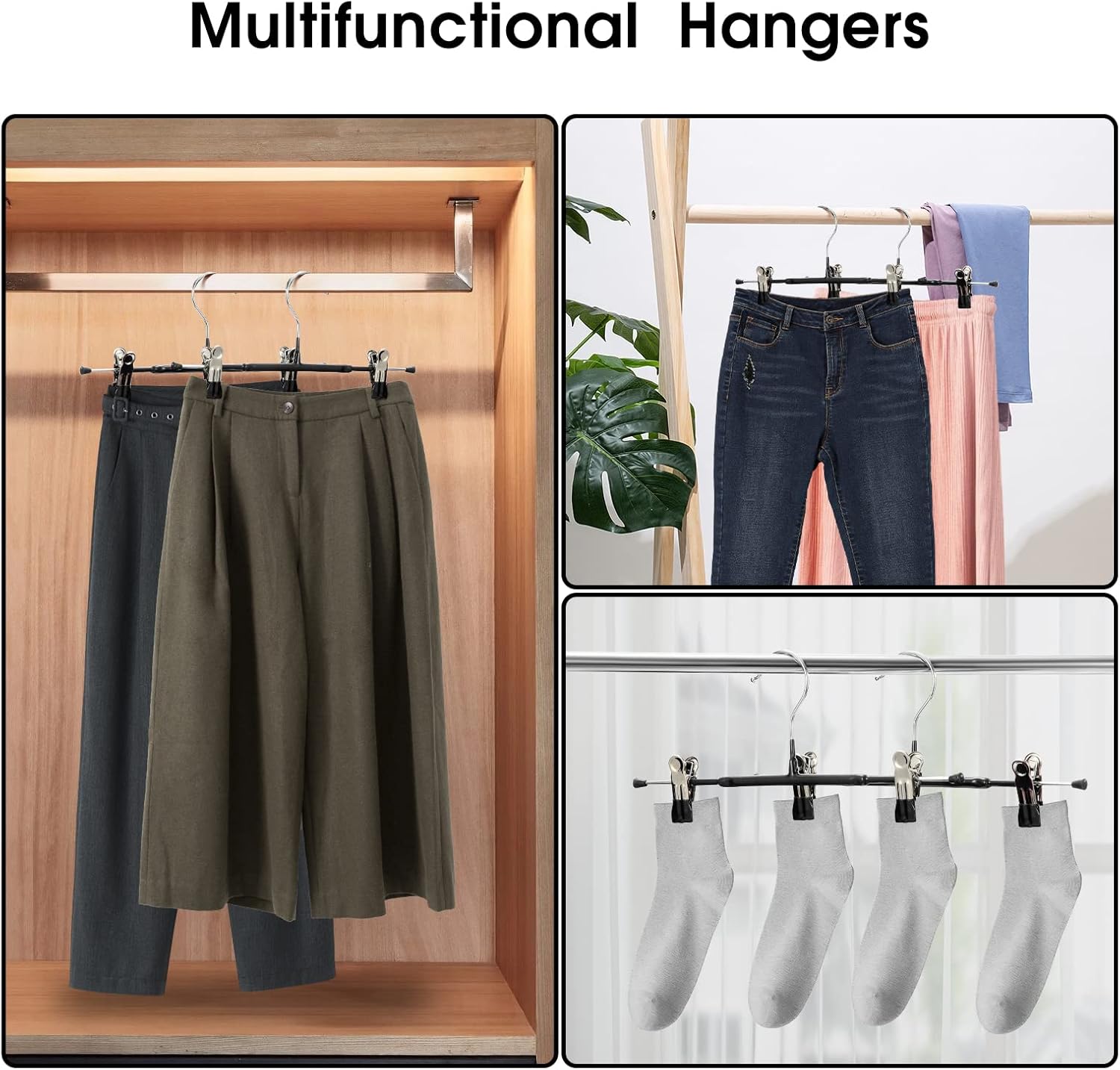 Thin Trouser Hangers, Non-Slip Pant Hangers with Adjustable Clips, Space Saving Hangers for Clothes, Skirt, Jeans, Coat (Black, 10) - Image 6