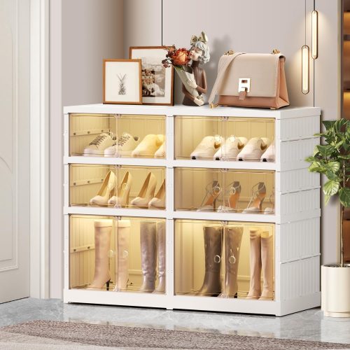 3-Tier Foldable Shoe Rack Organizer for Closet 12Pairs Plastic Shoe Shelf Collapsible Shoes Storage Box Clear Shoe Boxes Stackable with Door Easy Assembly Shoe Cabinet with Lids Large
