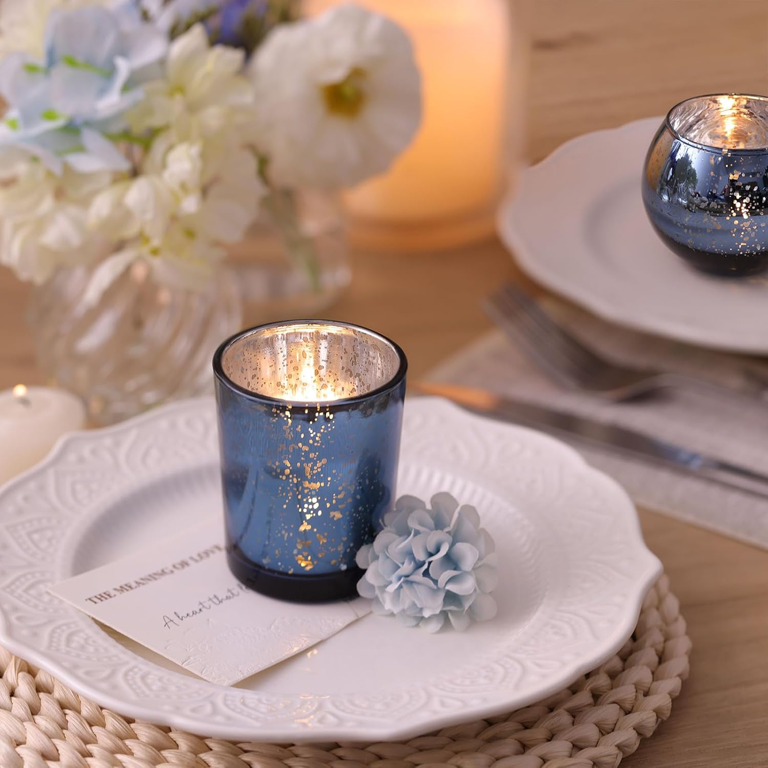 DEVI 12PCS Assorted Blue Votive Candle Holders, Mercury Tealight Candle Holder Glass, Wedding Table Decorations for Home Party, Navy Blue Birthday Graduation Rehearsal Party Dinner Decorations - Image 6