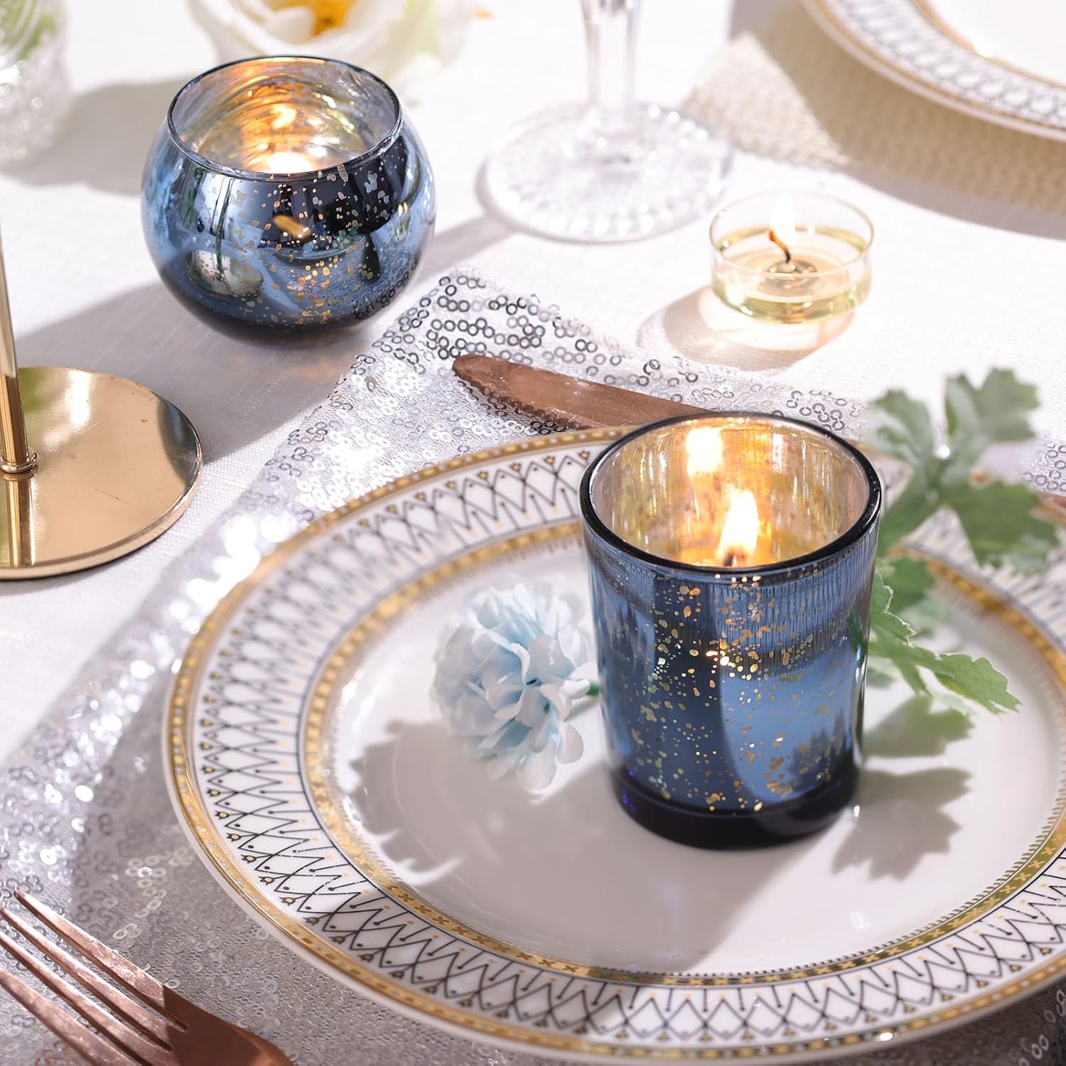 DEVI 12PCS Assorted Blue Votive Candle Holders, Mercury Tealight Candle Holder Glass, Wedding Table Decorations for Home Party, Navy Blue Birthday Graduation Rehearsal Party Dinner Decorations - Image 4