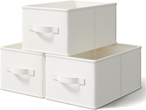 3 Pack Fabric Storage Bins for Shelves | 11.5×8.75×6.5in Storage Baskets | Fabric Closet Organizers and Storage Bins with Handles Home Organization| Linen Clothes Bins | White & Ivory