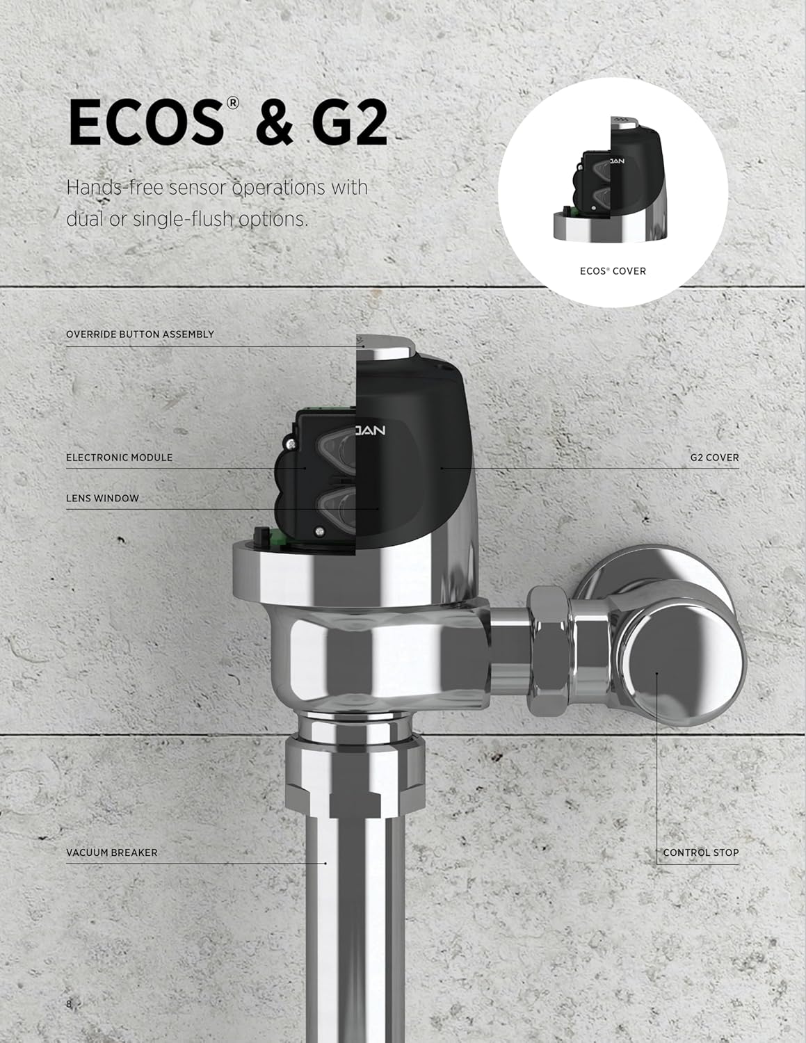Sloan G2 Optima Plus 8180 Exposed Sensor Urinal Flushometer, 1.0 GPF Flush Valve - Single Flush, Fixture Connection Top Spud, Battery Powered Infrared Sensor, Polished Chrome Finish, 3250406 - Image 2