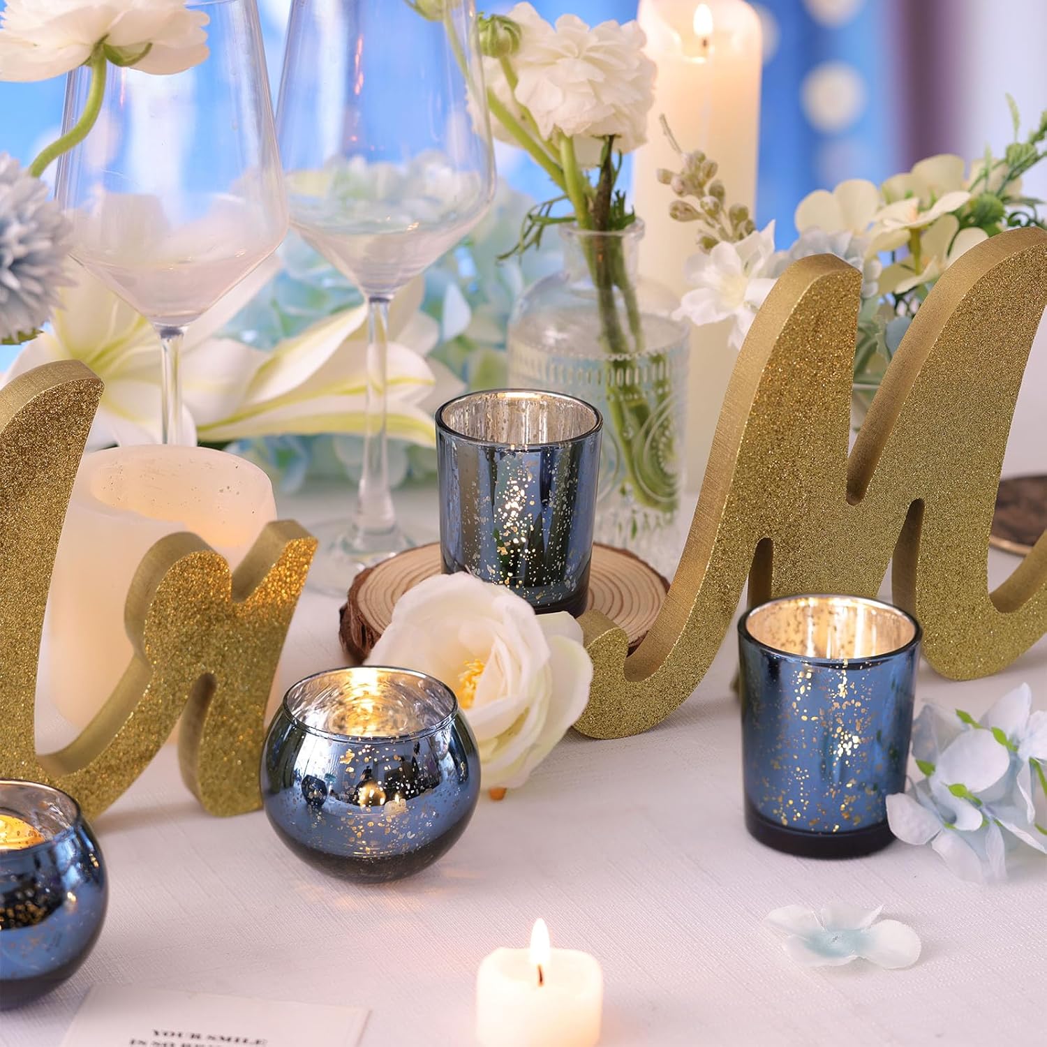 DEVI 12PCS Assorted Blue Votive Candle Holders, Mercury Tealight Candle Holder Glass, Wedding Table Decorations for Home Party, Navy Blue Birthday Graduation Rehearsal Party Dinner Decorations - Image 3